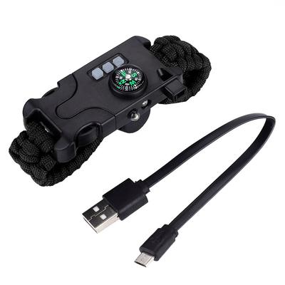 Silbato de Supervivencia al Aire Libre Mini Brújula Linterna LED Pulsera de Paracord Herramienta (Negro)