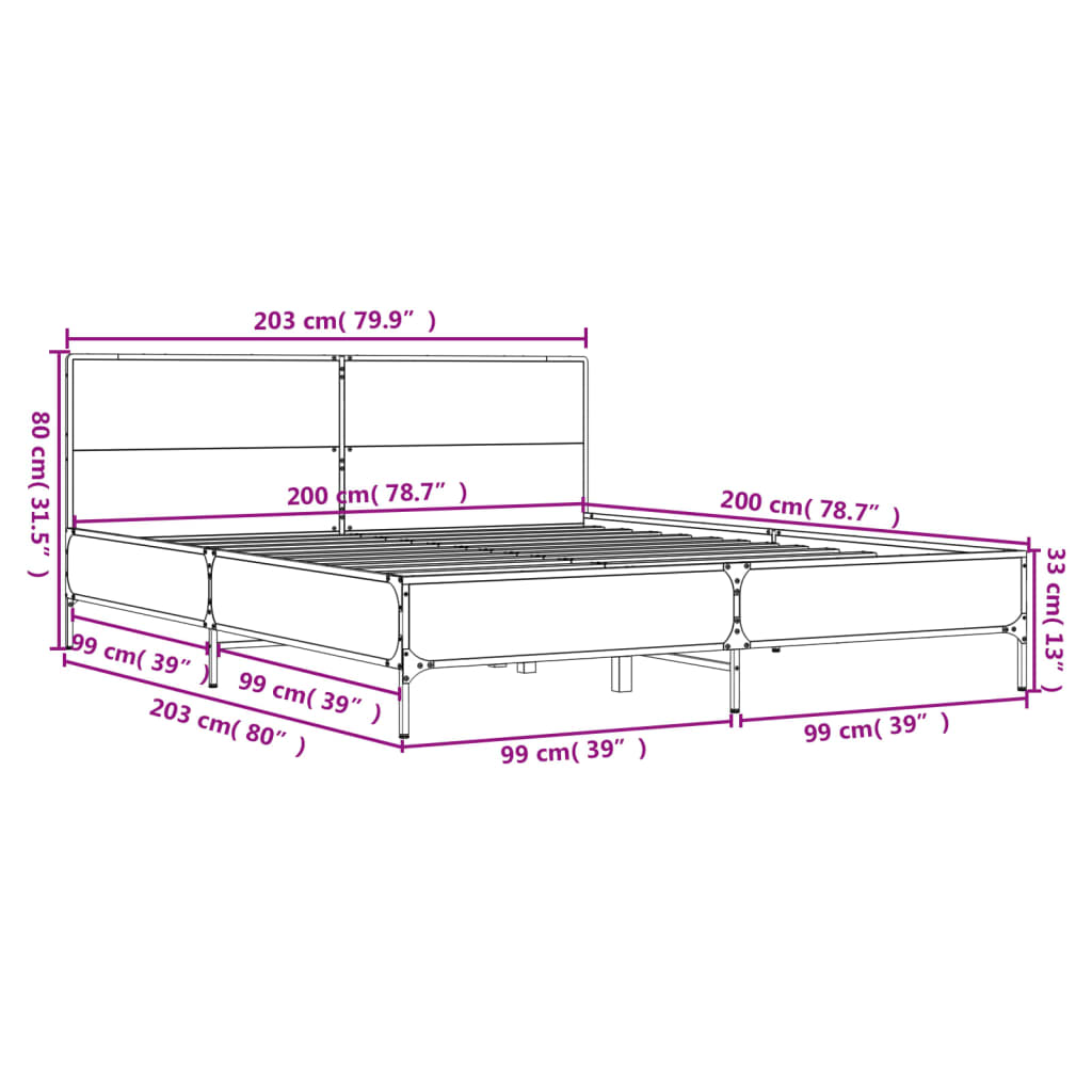 Bed Frame in Smoked Oak Finish 200x200 cm Made of Wood Based Material and Metal