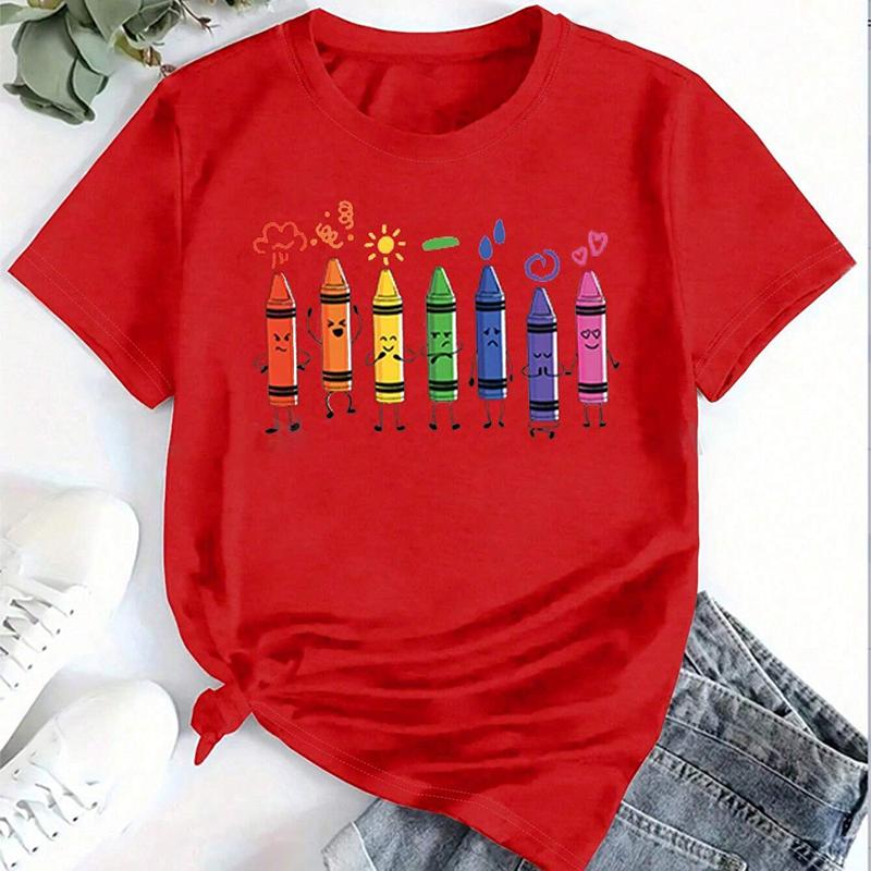 Mode Frauen süße Cartoon Crayon Print T Shirt lustige lässig O-Ausschnitt kurze Ärmel T-shirt Sommer weibliche T-Shirt