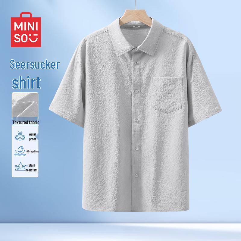 

MINISO Men s Retro Textured Short Sleeve Casual Shirt 2XL