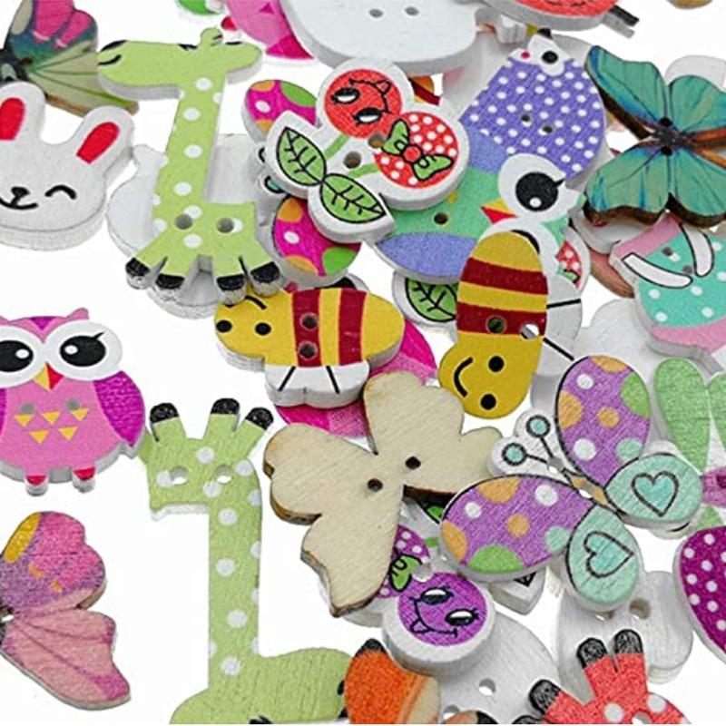 50PCS Wooden Buttons Natural Wood 2-Holed Fastener Buttons for Sewing Knitting Handcraft  Cartoon Animals Printing Patterns