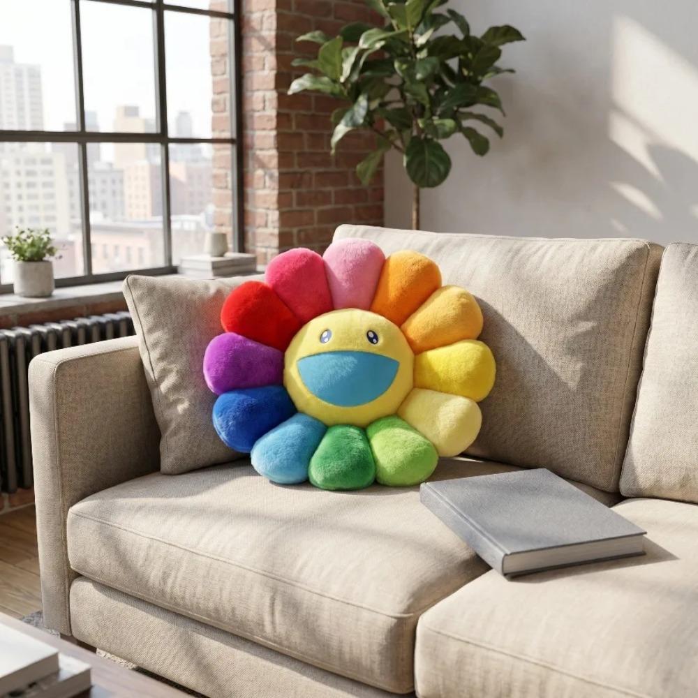 Kawaii Sunflower Stuffed Cushion Doll Flower Cute Smile Rainbow Sunflower Decorative Pillow Plush Toy Office Back Cushion Gift