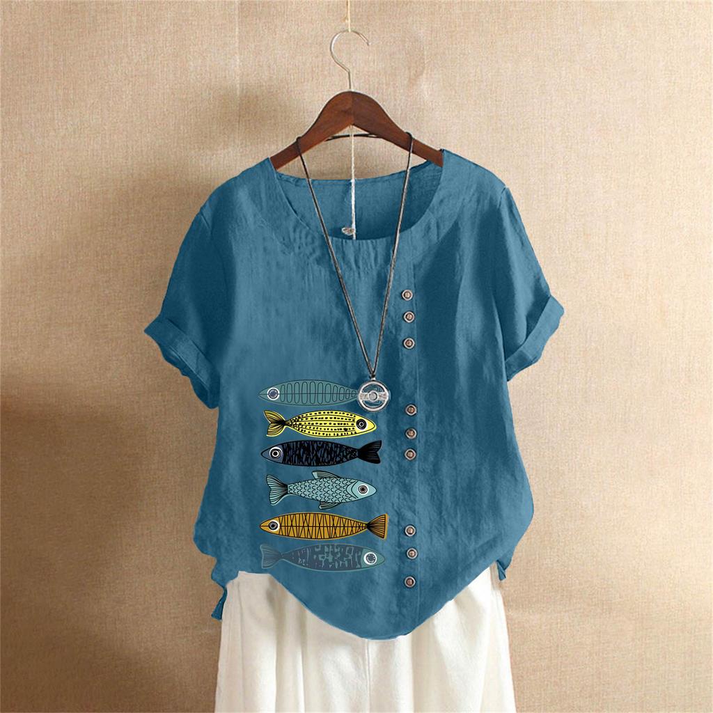 Sommer Übergröße Baumwolle und Leinen Kurzarm T-Shirt, Baumwolle und Leinen Bedruckte Übergröße Damenbekleidung