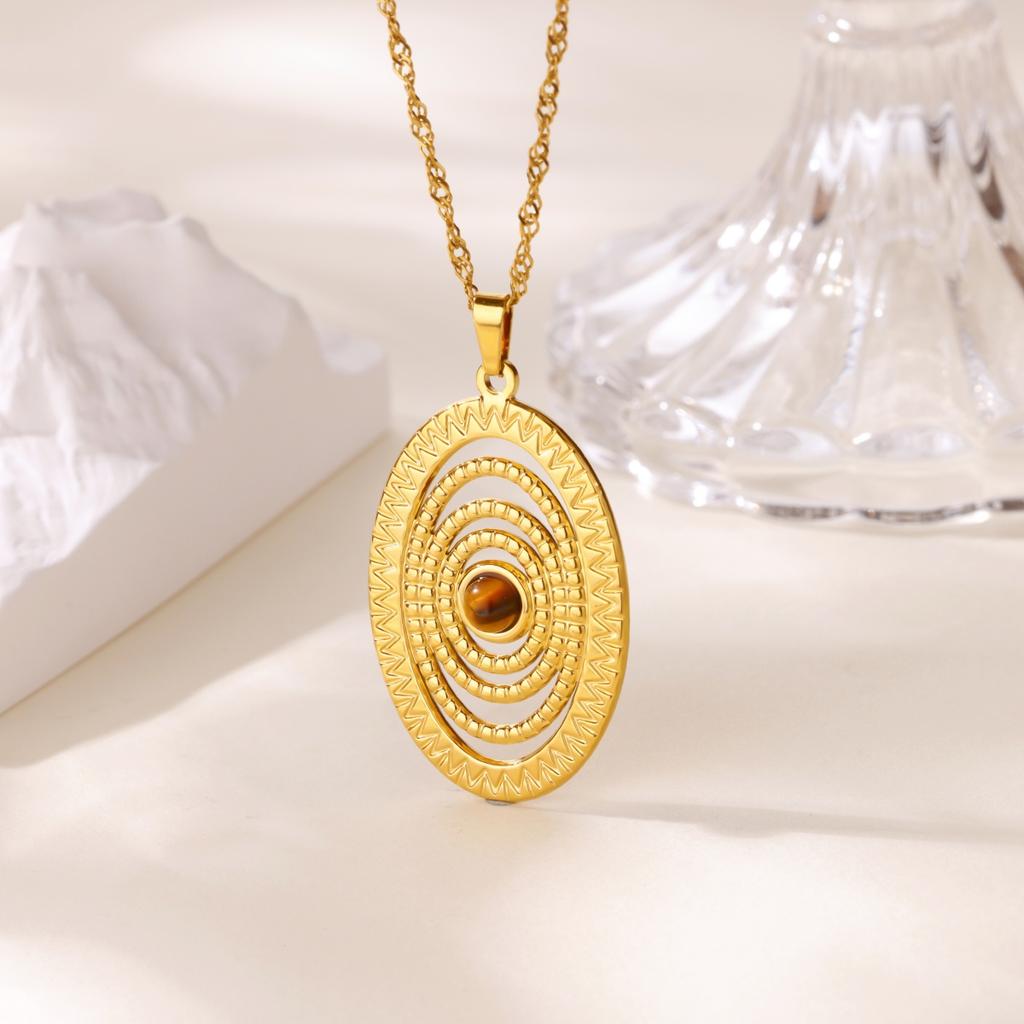 Stainless Steel Cat Eye Stone Threaded Necklace For Women Men Gold Color Oval Pendant Necklace Vintage Jewelry Accessories