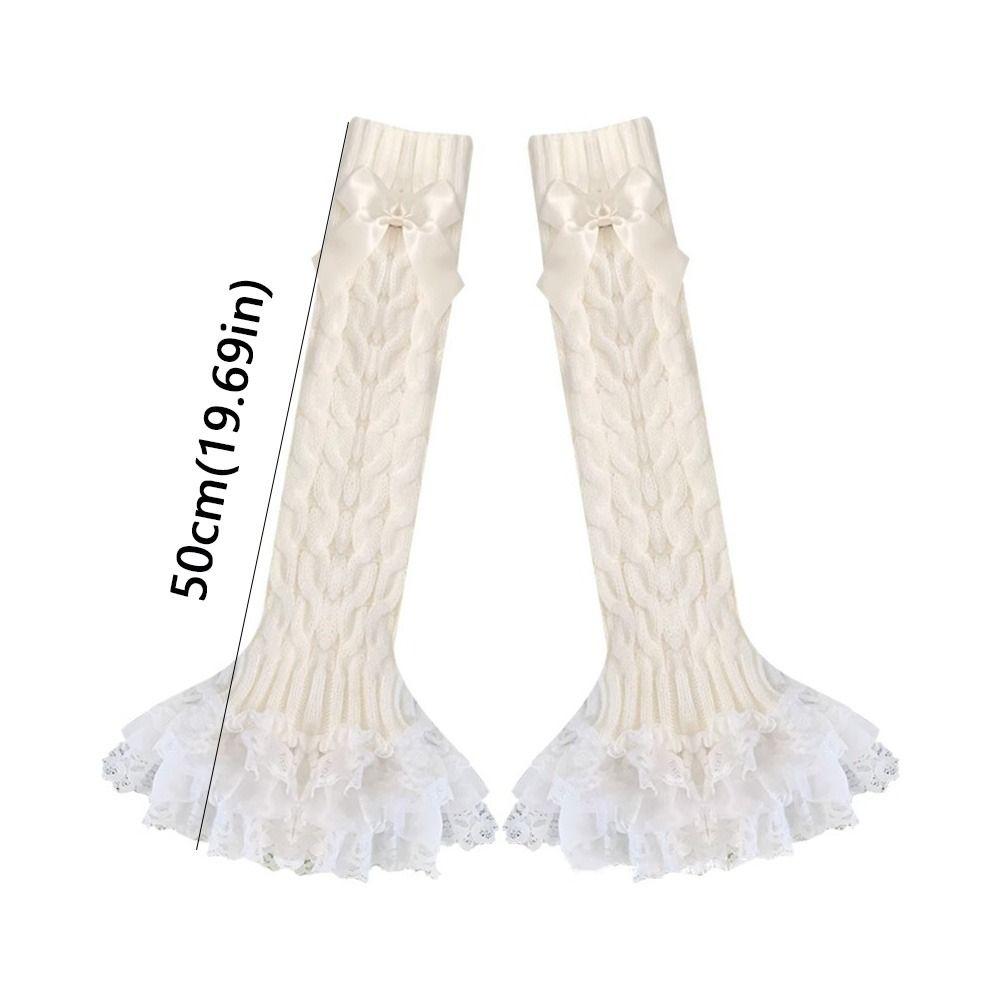 Lace Trim Knitted Leg Warmer Warm Knitted Fabric Bow Tiered Socks Japanese Style