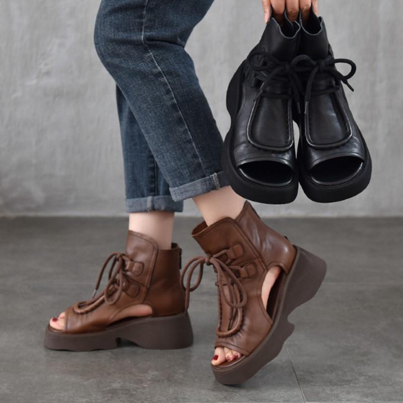 Johnature Genuine Leather Women's Shoes Roman Sandals Vintage Back Zipper Peep Toe Thick Soled Summer Boots