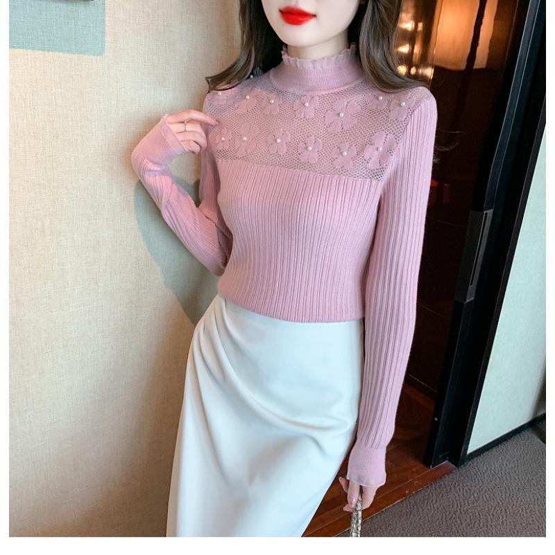 Herbst und Winter Damen Pullover Bottoming Shirt Halbhoher Hals ausgehöhltes gestricktes Bottoming Shirt Schlanke, vielseitige Langarmbluse