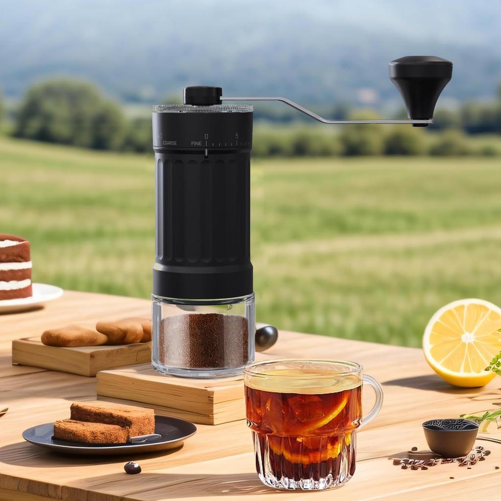 Portable manual coffee grinder with 40 grinding levels and a removable handle. Suitable for brewing a variety of coffees, including espresso, French