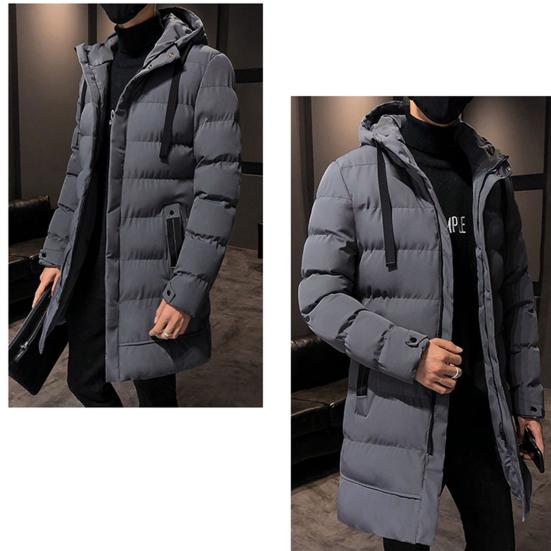 Autumn Winter Men Jacket Cotton Padded Hooded Long Sleeve Drawstring Mid-length Windbreaker for Daily Wear