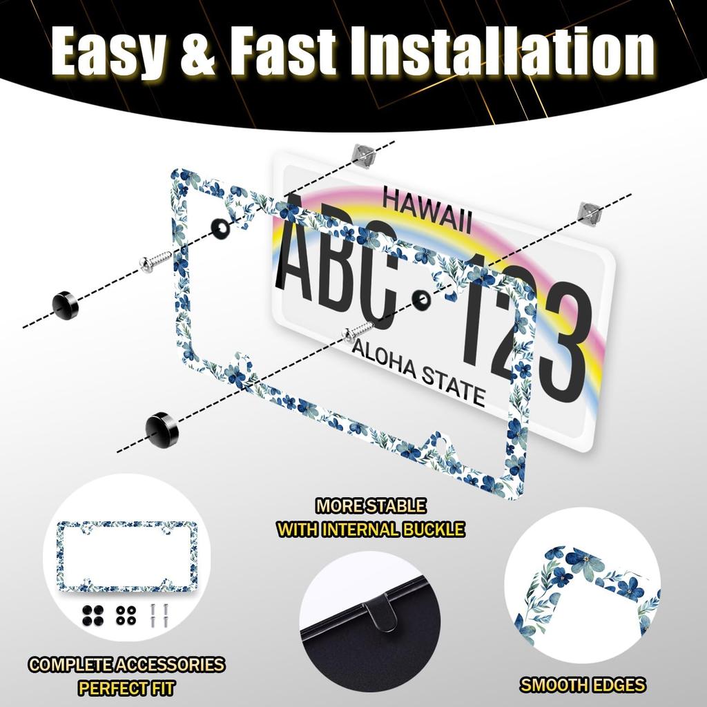 Blue Boho Flowers License Plate Frame Cute Floral License Plate Personalise Auto Parts For Men Women Car Decoration Stainless Steel Funny License