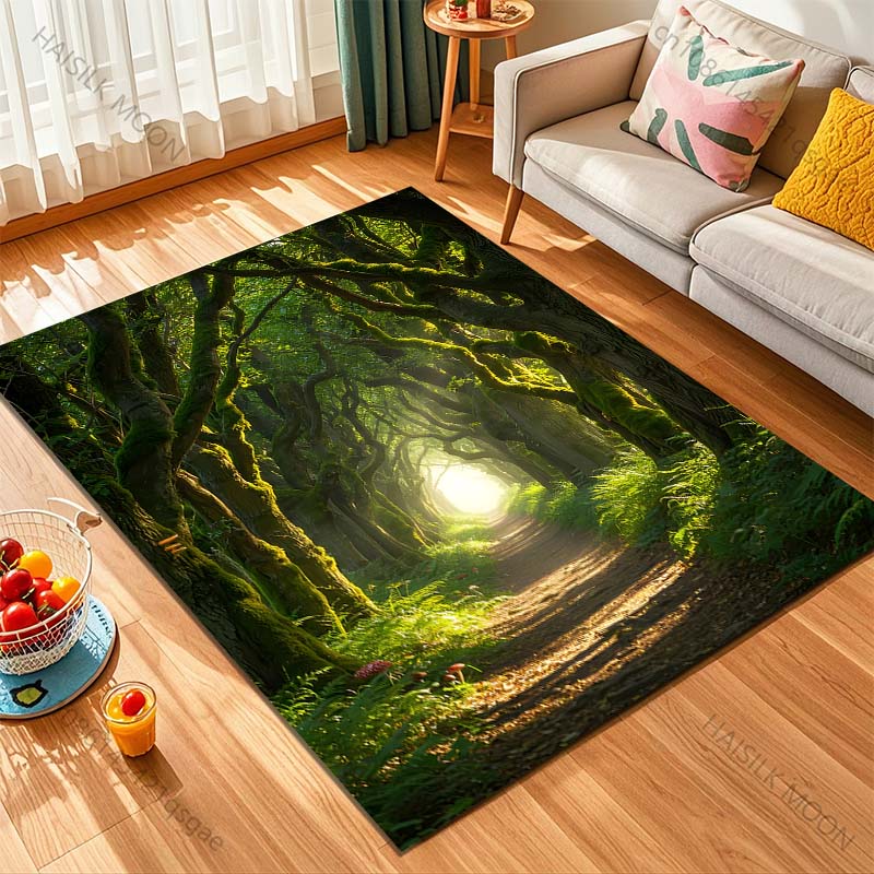 1PC Green Forest Path Sunlight Print Carpet Rug for Living Room Bedroom Sofa Doormat Home Decor Non-slip Floor Mat