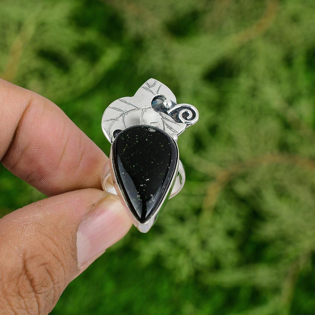 Gift For Her Natural Green Sunstone Statement Ring Size 7.25 925 Silver