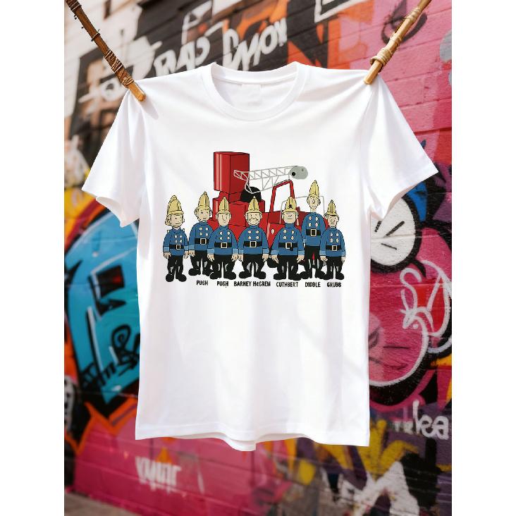 Humorous Casual Shirts for Men Featuring a Vintage Trumpton Fire Brigade Firefighter Design. This Soft And Slim-Fit Tee Showcases a Fire Hydrant S