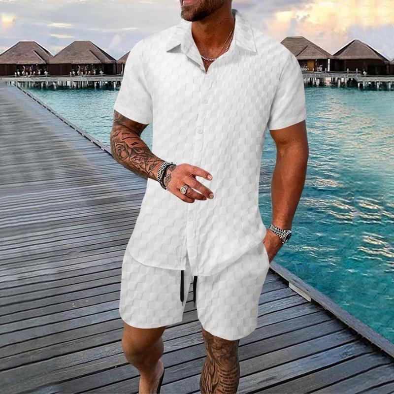 Mens Casual Checkered Short Sleeve Shirt And Shorts Two Piece Set S белый