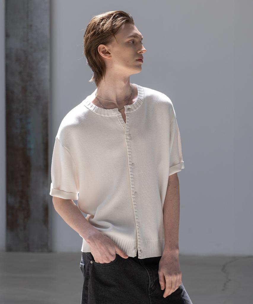 Dekkoloso Panel Rib Short Sleeve Summer Round Cardigan [White]