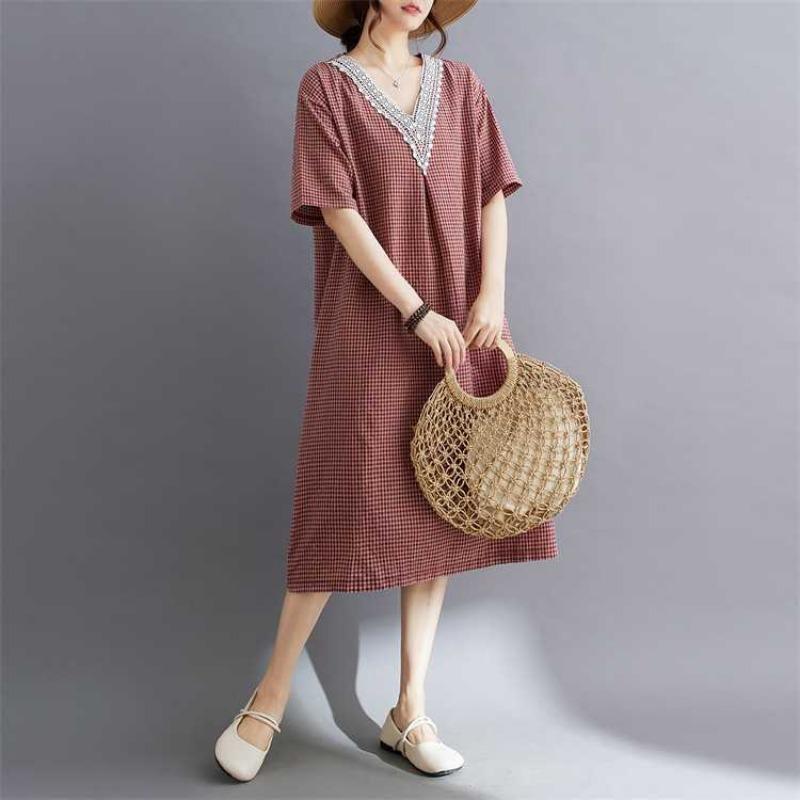 Summer Retro Cotton Linen Lace Cotton Linen Plaid Dress