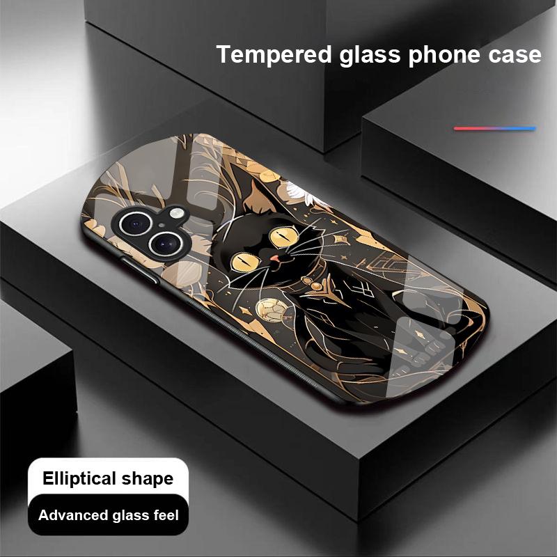 Black Gold Cat For Apple IPhone 16 11 13 15 14 Pro Max 12 Mini 7 8 Plus XR X XS Elliptical Shaped Tempered Glass Phone Case
