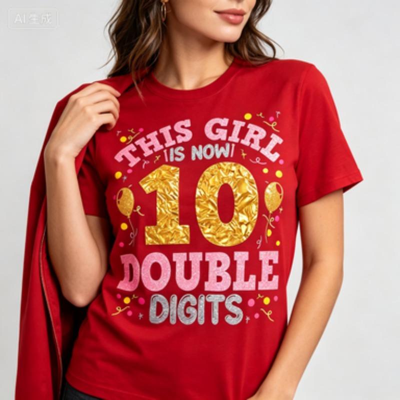 Basic Top Shiny Glitter Text Balloon Graphic Ten Double Digits Birthday Gift For Girls Party Wear Comfort Short Sleeve Tops