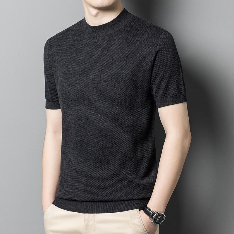 Men's Semi-turtleneck Short-sleeved Sweater Solid Color Casual Knitwear Trend Middle-aged Thin Woolen Pullover Base