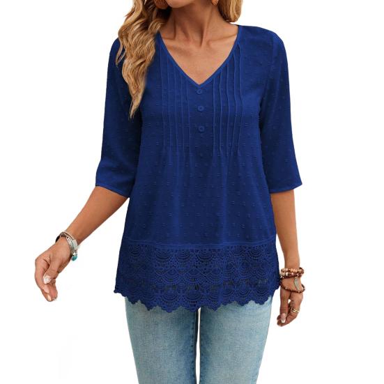 Women V-Neck Hem 45720 Sleeve Casual Shirt Jacquard Decor Solid Color