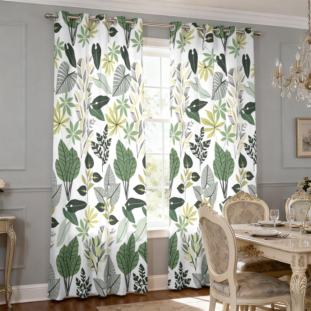 2PCS Fresh Green Plant Illustration Eyelet Blackout Curtains Privacy Window Drapes Fashion Home Decor Living Room Bedroom