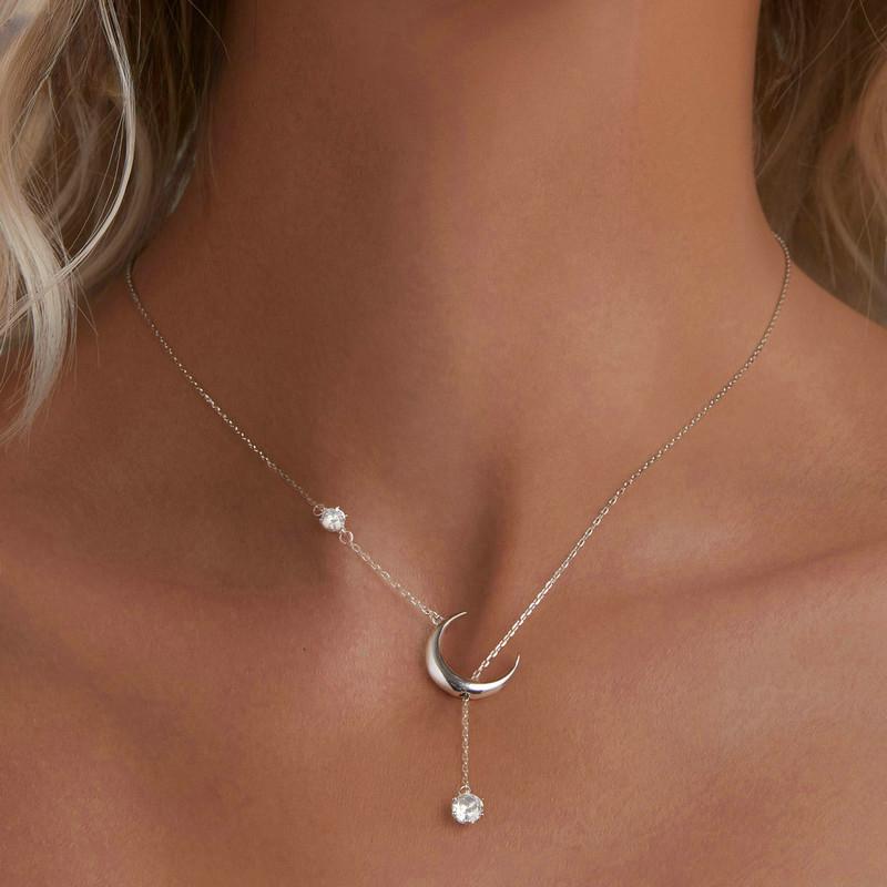S925 Sterling Silber Y-Form Mond Anhänger Halskette Wassertropfen Zirkon Halskette für Frauen Jahrestag Geschenk Edlen Schmuck