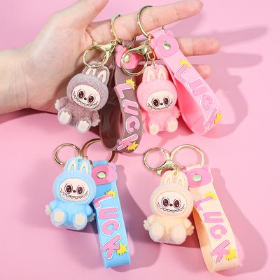 Labubu Flocked Rab Keychain Cartoon Doll Schoolbag Pendant Car Key Chain Small Gift