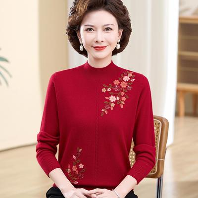 Women's 100% Pure Wool Embroidered Sweater - New 2025 Autumn/Winter Collection for Middle-Aged and Elderly