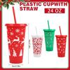 5Pack 24oz Christmas Plastic Cup with Lids Straws Reusable Christmas Juice Coffee Drinking Cups 2026 New Year Gifts Xmas Navidad