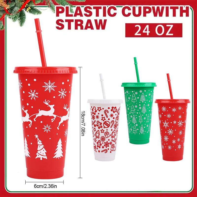 5Pack 24oz Christmas Plastic Cup with Lids Straws Reusable Christmas Juice Coffee Drinking Cups 2026 New Year Gifts Xmas Navidad