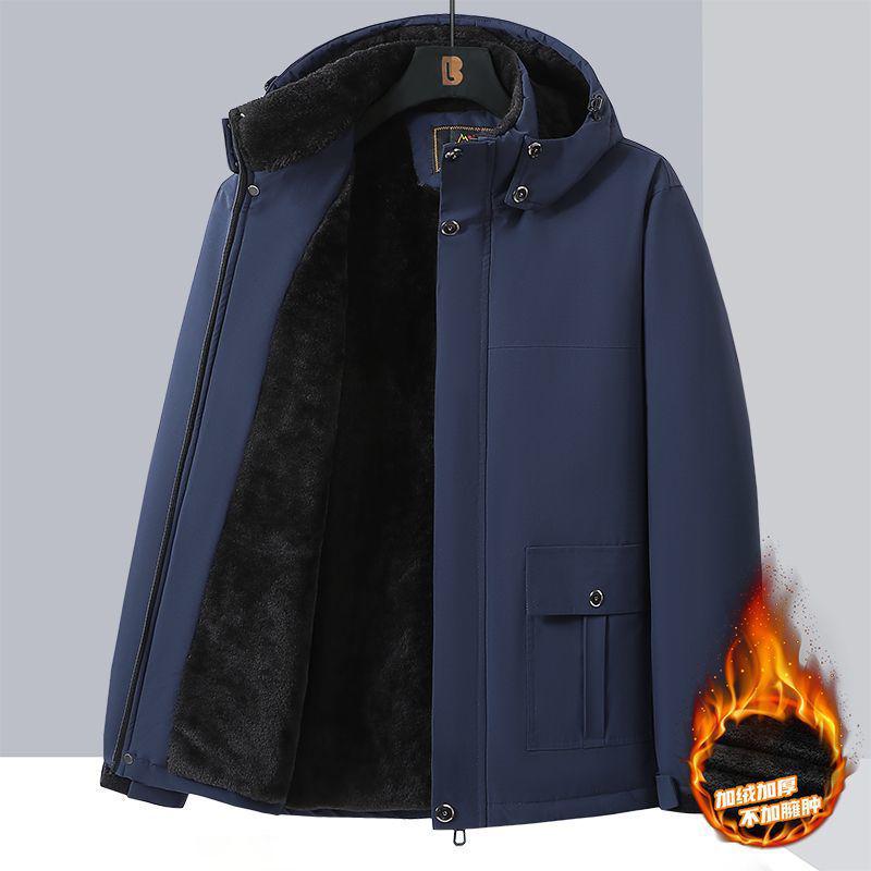 Men's Plus Size Fleece-Lined Winter Coat - Loose Fit Cotton Jacket for Middle-Aged Dads