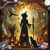 2D Autumn Witch Tapestry, Pentagram & Black Cat Wall Hanging Background Cloth
