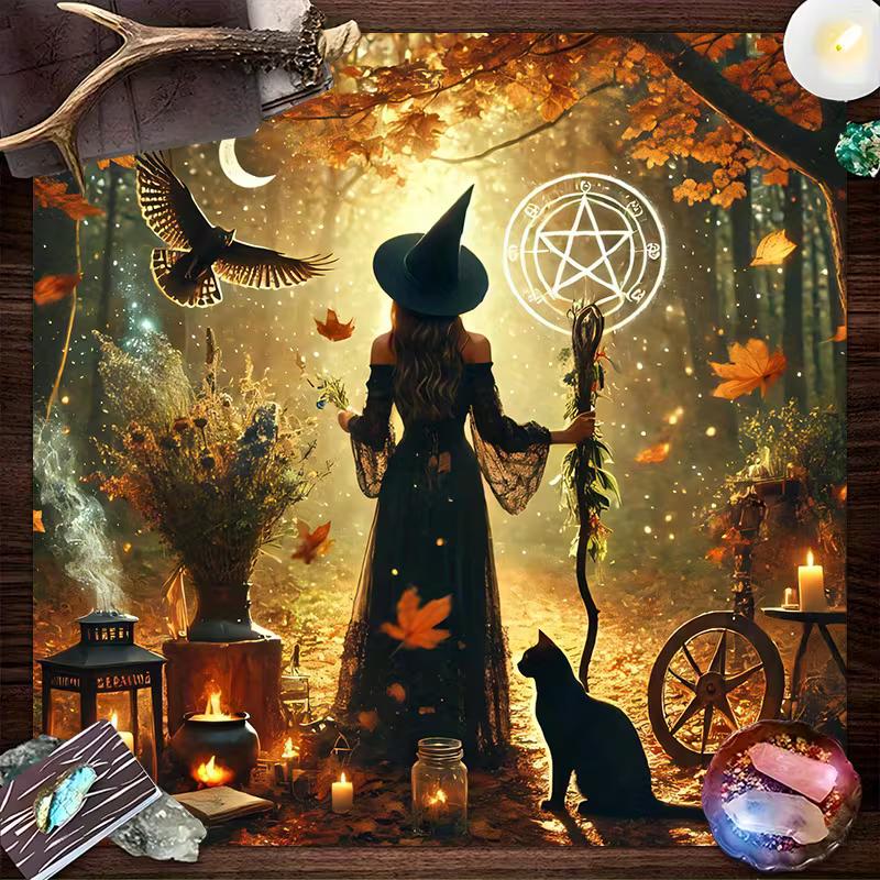 

2D Autumn Witch Tapestry, Pentagram & Black Cat Wall Hanging Background Cloth 47.2x31.5inch/120*80cm