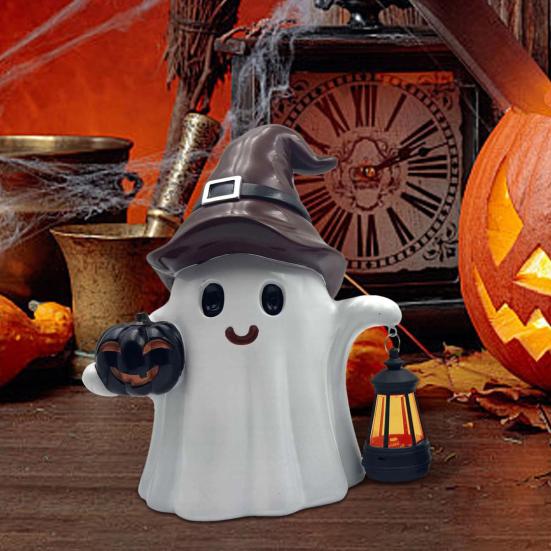 Ghost Statue Solar/Battery-Powered Weather Resistant Resin Whimsical Ghost Pumpkin Design Ornament Halloween Decor