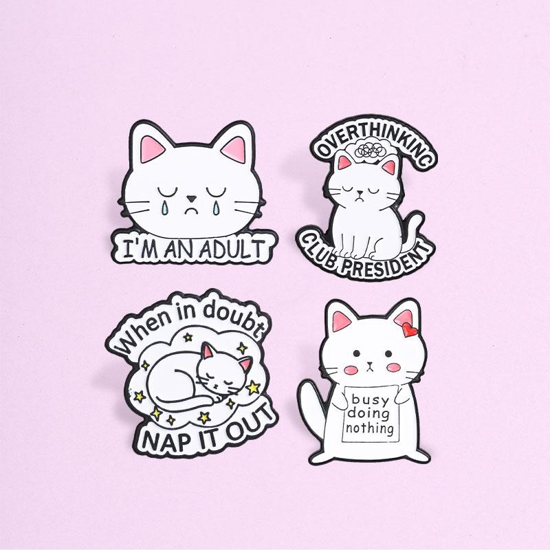 White Cats Enamel Pins Funny Overthinking Club President Brooches Badges Cute Cartoon Moody Animal Jewelry Gift for Friends