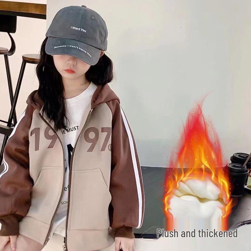 Girls' 2025 Autumn/Winter Hooded Sweater - Velvet Lined Top for Kids, Ideal for Spring and Fall.