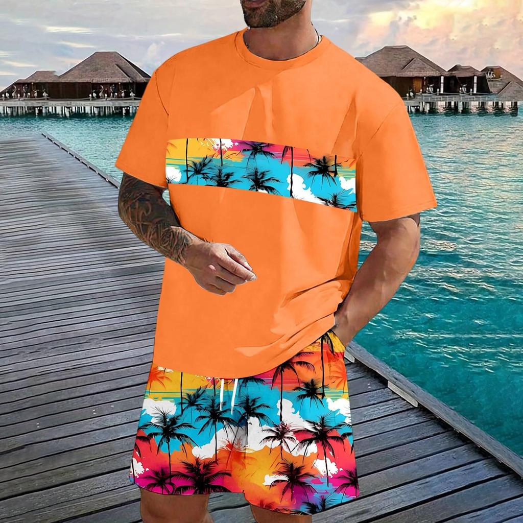 Men's Casual Two Piece Set Short Sleeve T Shirt and Elastic Waist Drawstring Shorts Summer Outfit Lightweight Comfortable Fit