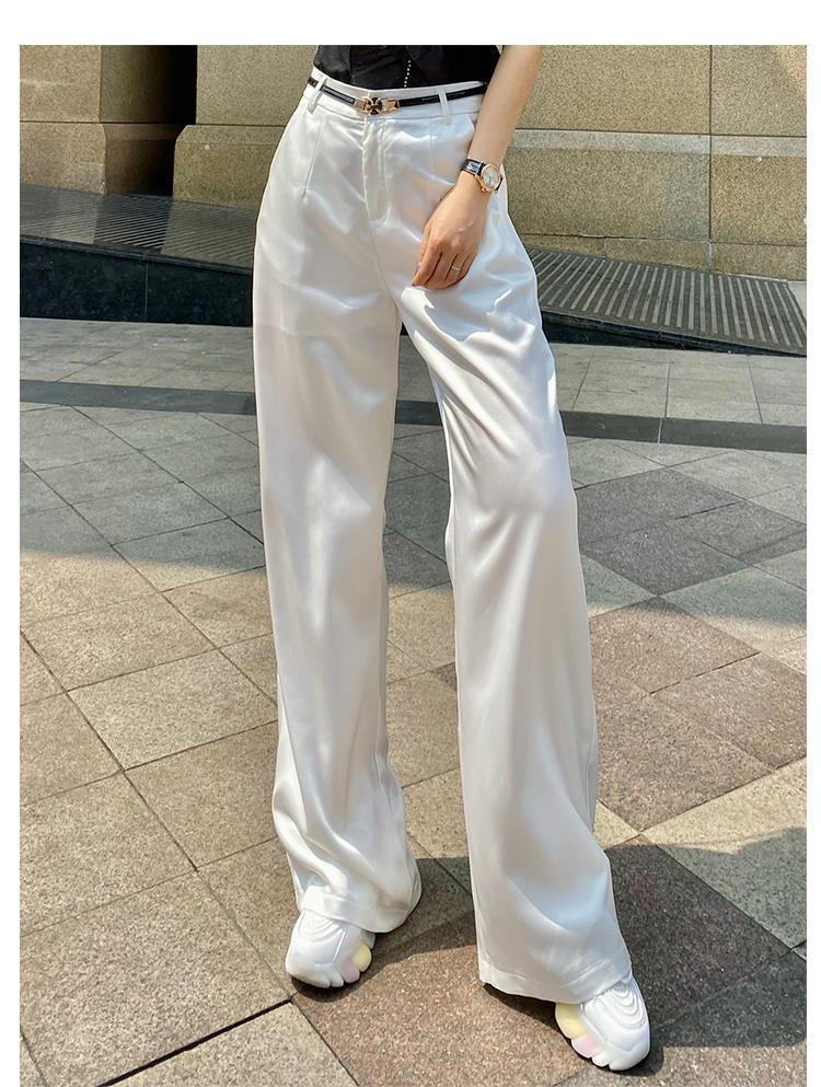 

2024 Летние атласные брюки широкого кроя с высокой талией и поясом для женщин M белый