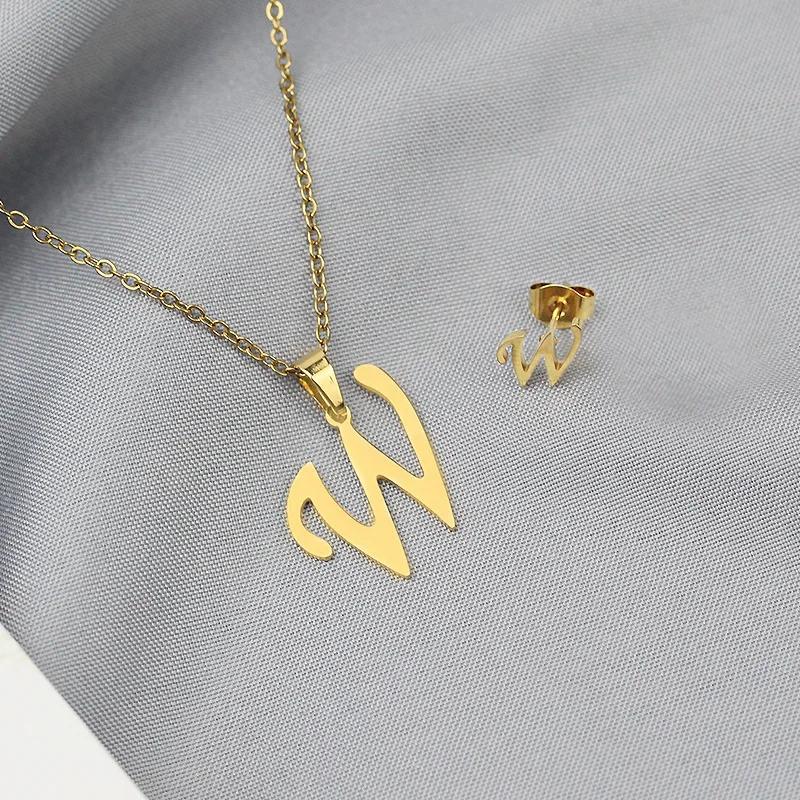Stainless Steel Letter Necklace Bracelet Earring Zircon Set for Women Alphabet Pendant Necklace Party Gift