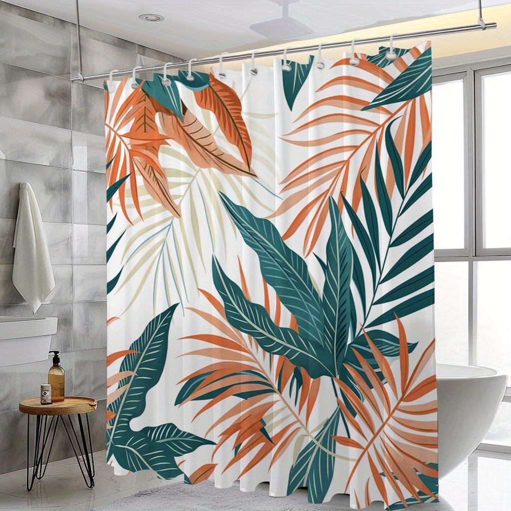 "1pc Tropical Leaf Shower Curtain - Waterproof Polyester, 12 Hooks, 71x71", Home & Bathroom Decor
