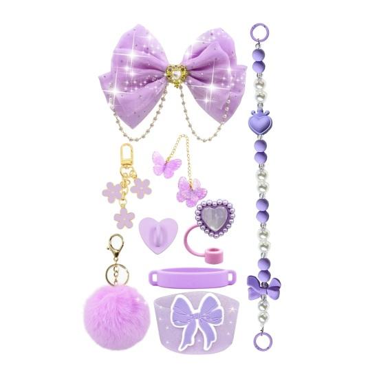 

1 Set Cup Sleeve Sparkling Rhinestones Bowknot Plush Ball Decor Faux Pearls Lanyard Cup Accessories with Silicone Bottom Protector V