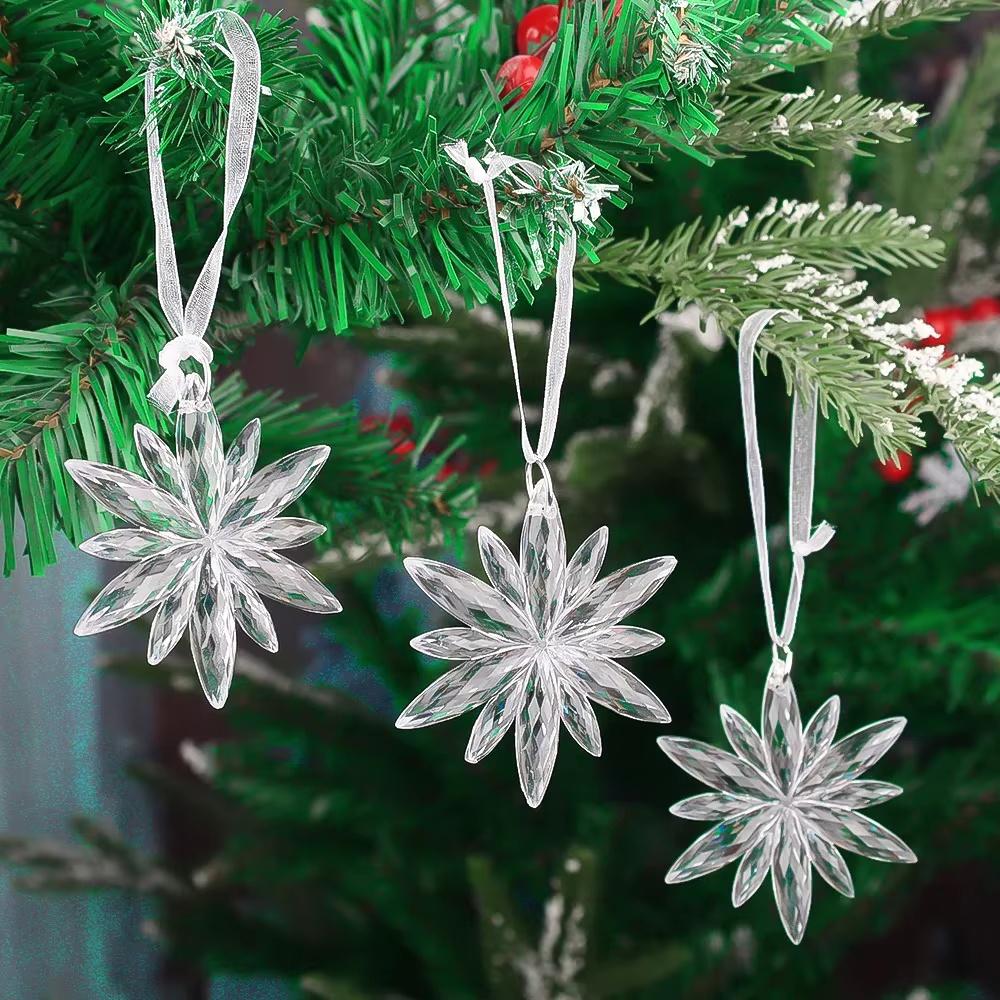 3pcs Christmas Acrylic Snowflake Ornaments Transparent Xmas Tree Hanging Pendant Christmas Decorations for Home New Year 2025