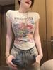 Camiseta de Verano para Mujer con Estampado de Letras y Dibujos, Corte Ajustado, Manga Corta