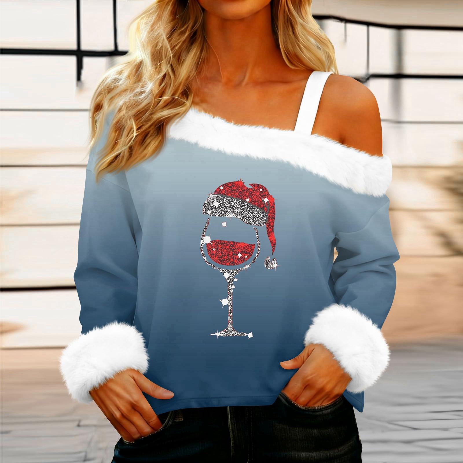 Women s Off-the-shoulder Plush Neck Printed Long-sleeved Pullover T-shirt Top L синий