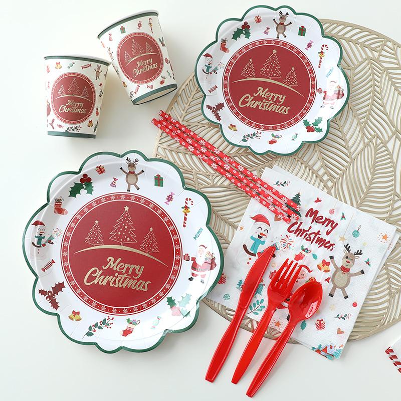 Christmas Disposable Tableware Sets Santa Claus Party Tablecloths Paper Plates Cups Tissue Napkins Straws Decoration Supplies