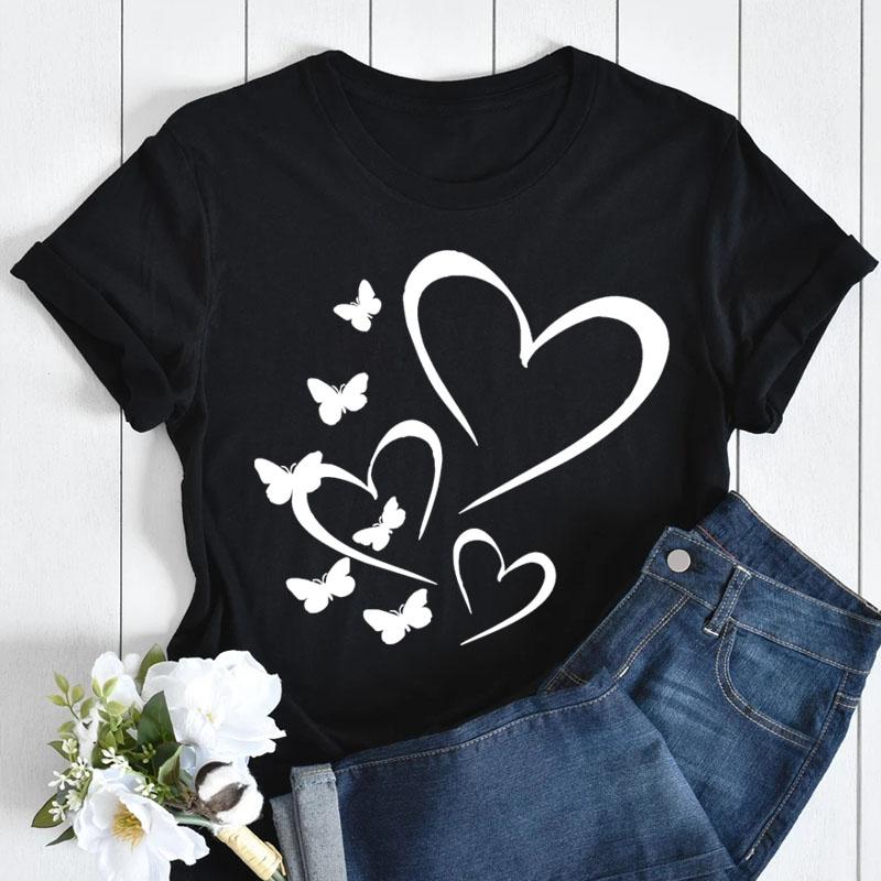 Butterfly Love Heart Print T Shirt Women Fashion Black T Shirt Female Short Sleeve Cute Graphic Tee Shirts Ladies Summer Tops