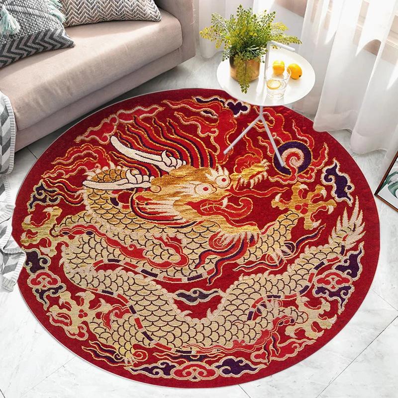 Round Area Rug With Traditional Chinese Dragon Patterns In Multiple Colors Exquisite Artistic Style Soft Durable Floor Decor