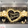2D Black Gold Heart Happy Birthday Party Decoration Background Banner