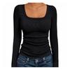 Women‘s Ribbed Square Neck Top, Long Sleeve Slim Fit Basic Shirt for Fall Winter Spring, Casual Crop Tee