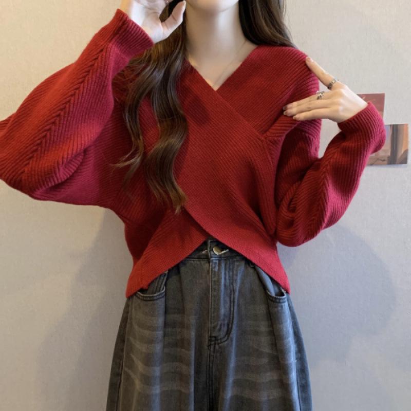 

Элегантный раннеосенний облегающий вязаный свитер для женщин One Size красный